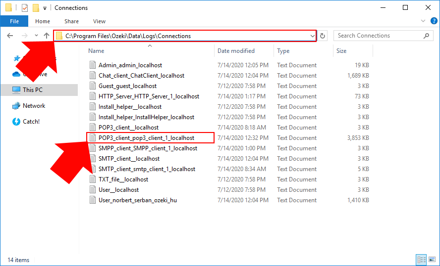 file path for the log file of the pop3 client connection