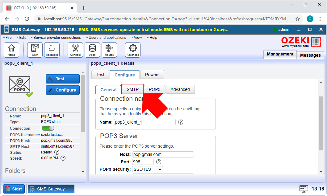select smtp menu in pop3 client connection