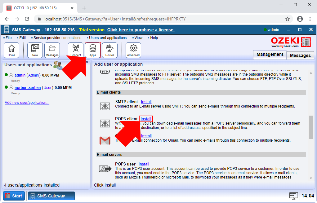 select the pop3 client connection