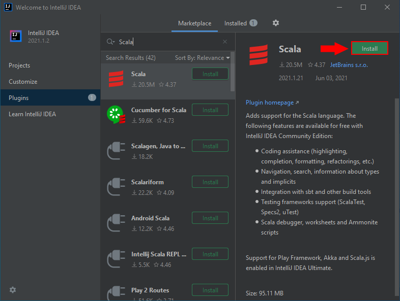 install the scala plugin in intellij