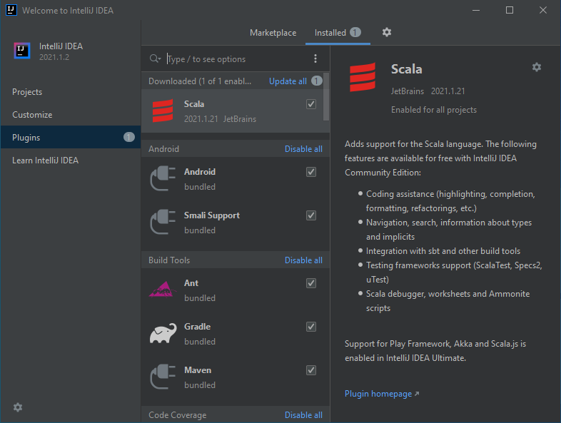 installed scala plugin in intellij