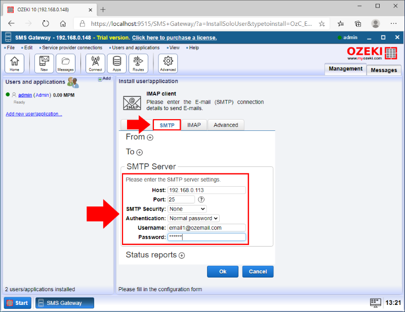 configure smtp connection