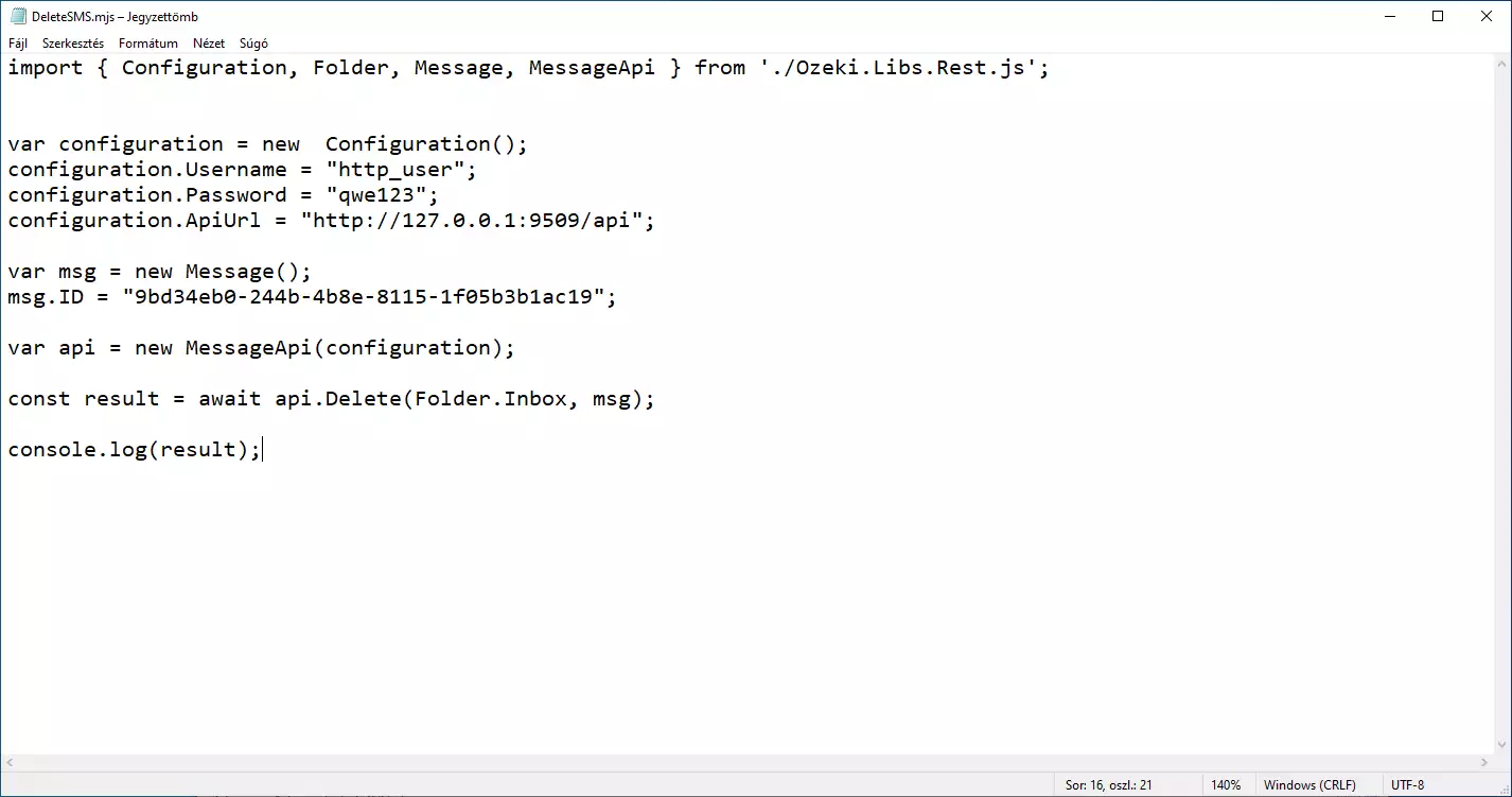 javascript example to delete sms messages