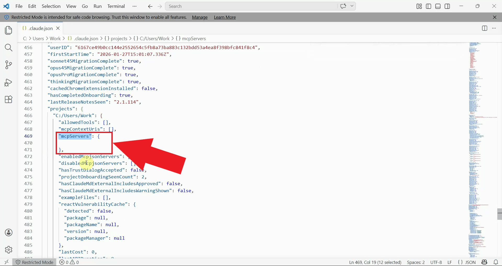 Locate mcpServers property