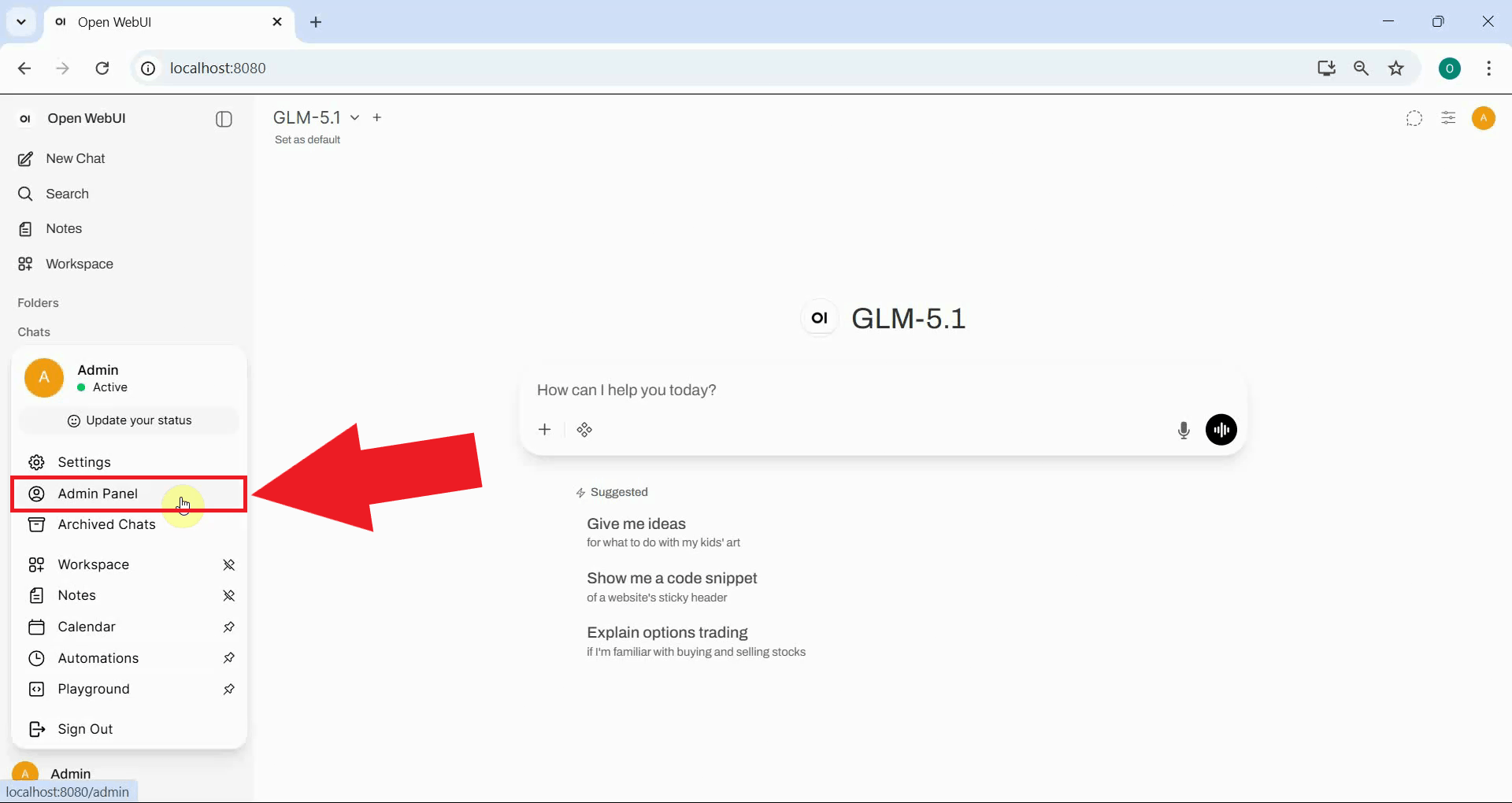 Open Admin Panel in OpenWebUI
