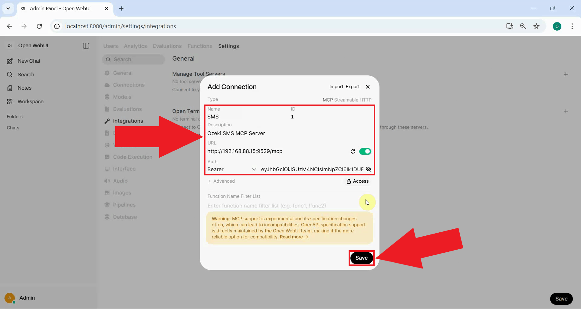 Enter connection details and save
