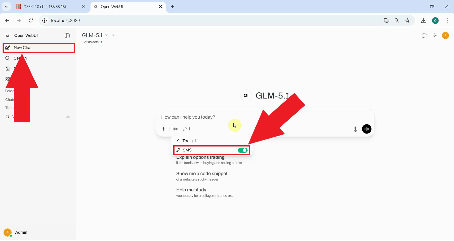 Start a new chat and enable SMS MCP tool