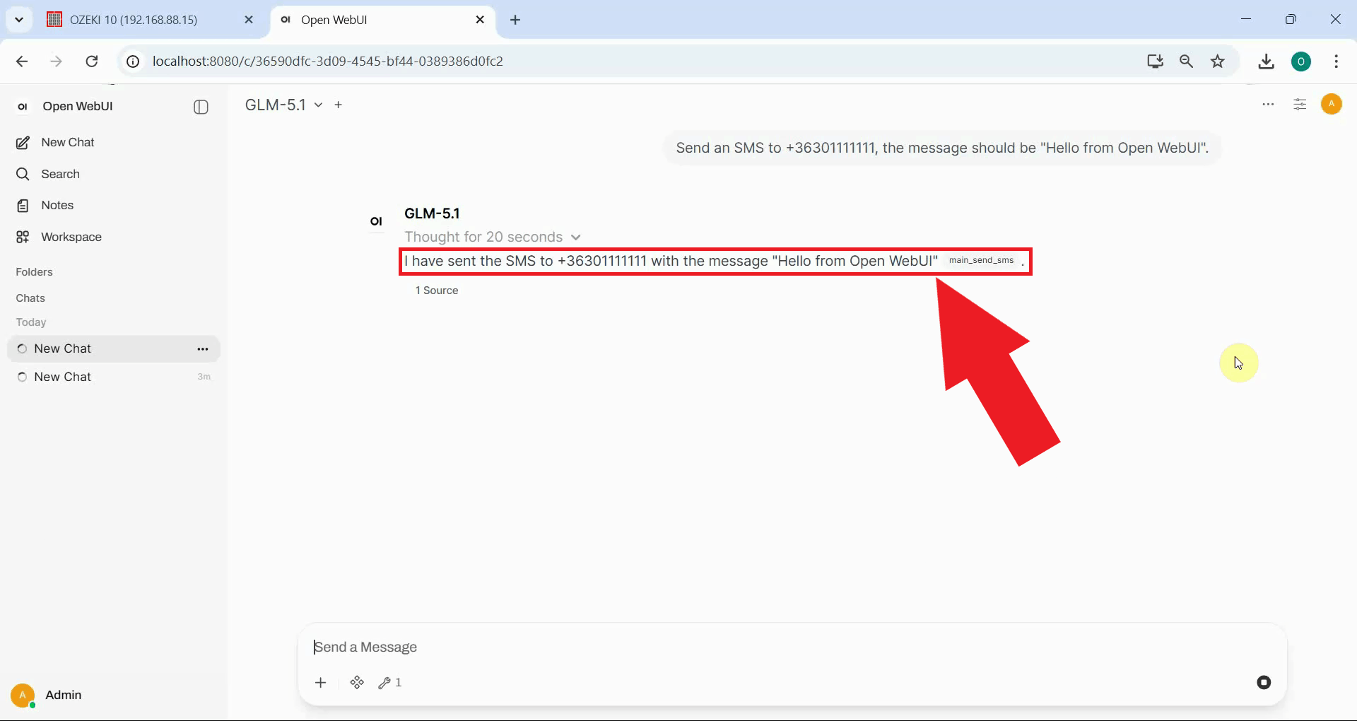 Send SMS tool result