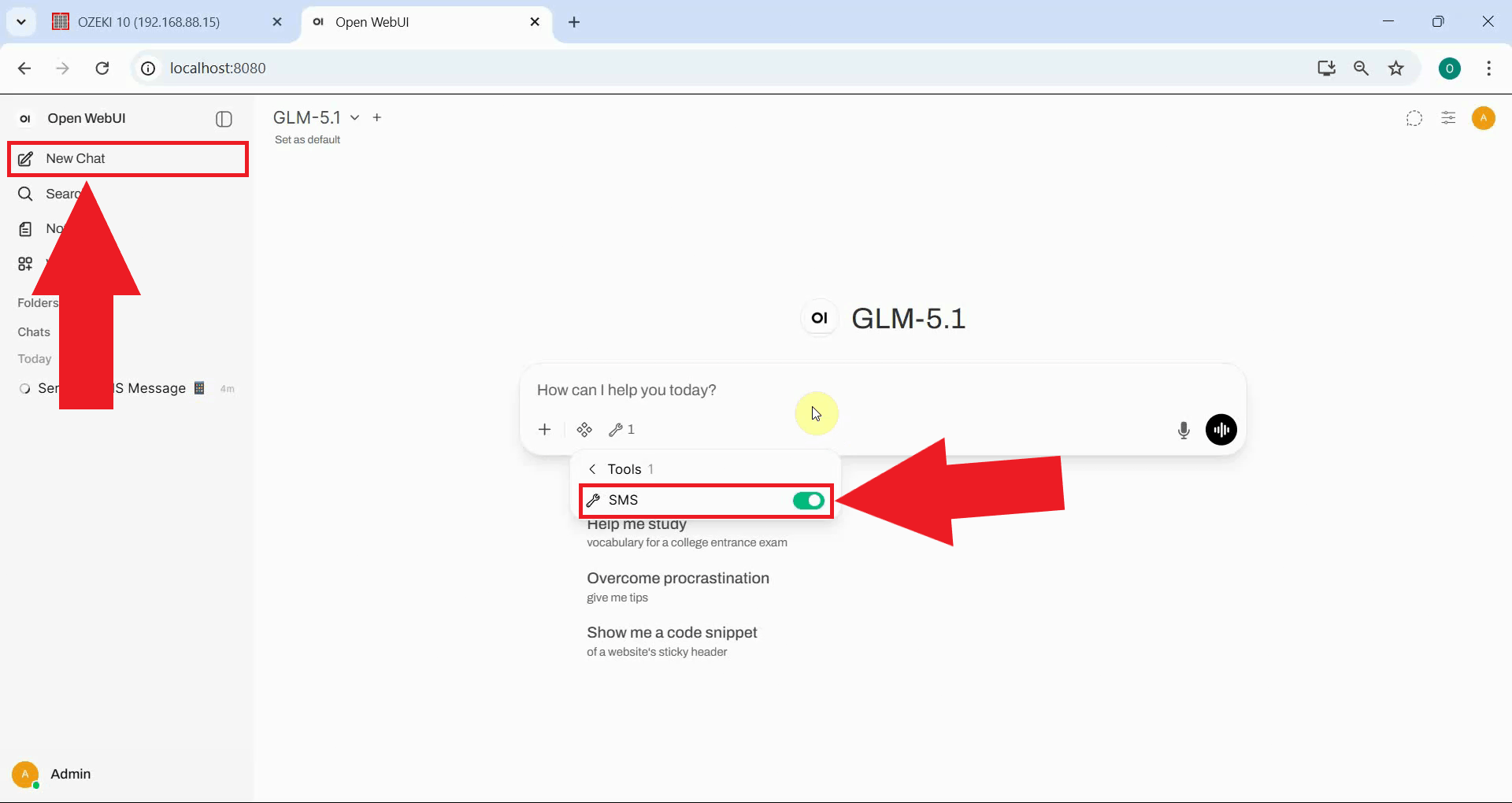 Start a new chat and enable SMS MCP tool