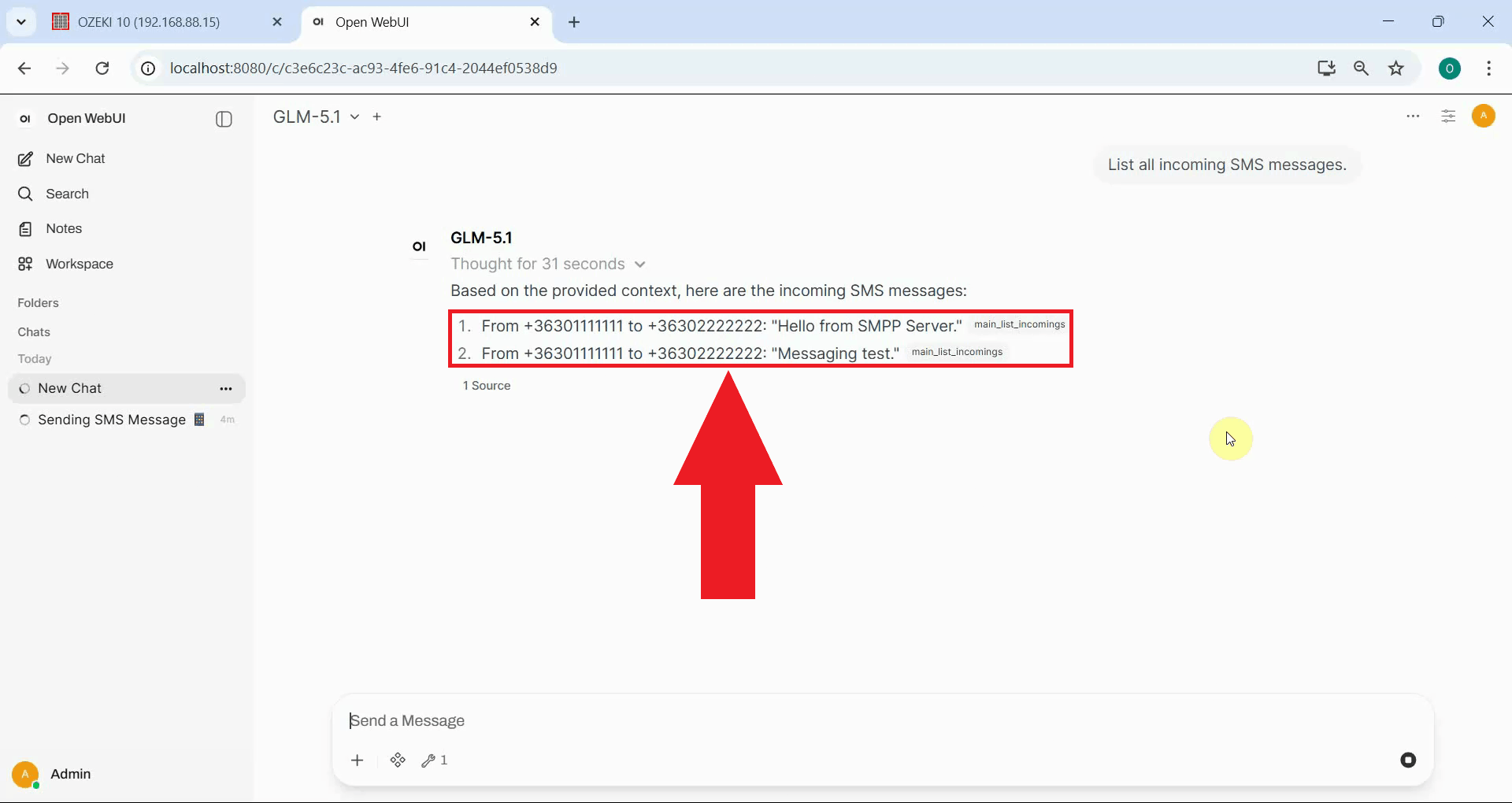List incoming messages tool result