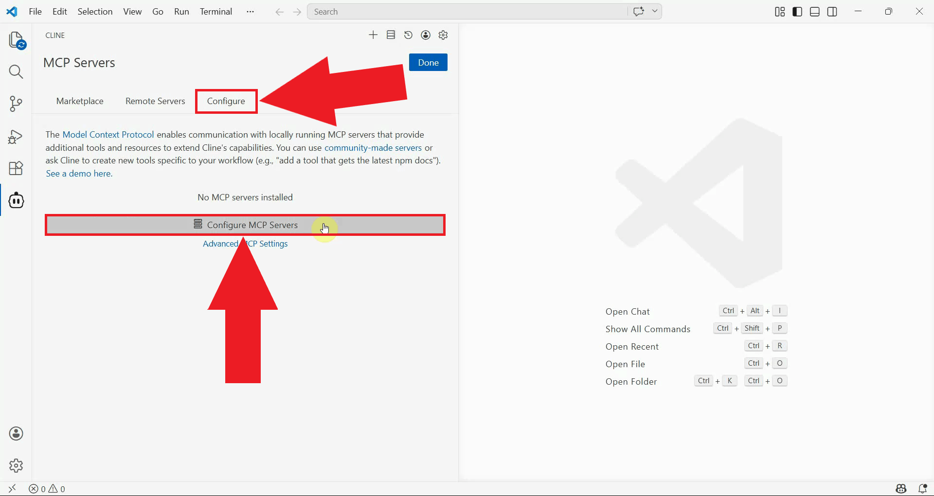 Click Configure MCP Servers in Configure tab