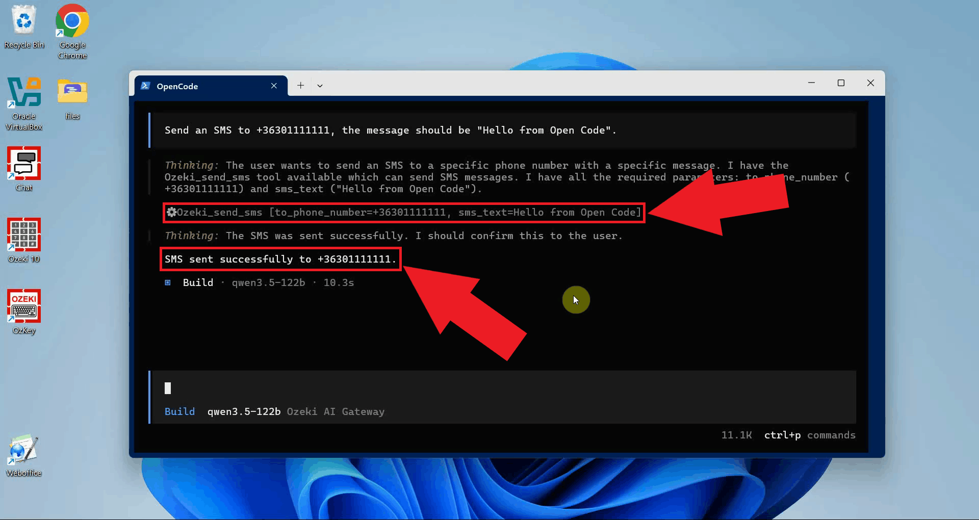 Send SMS tool result