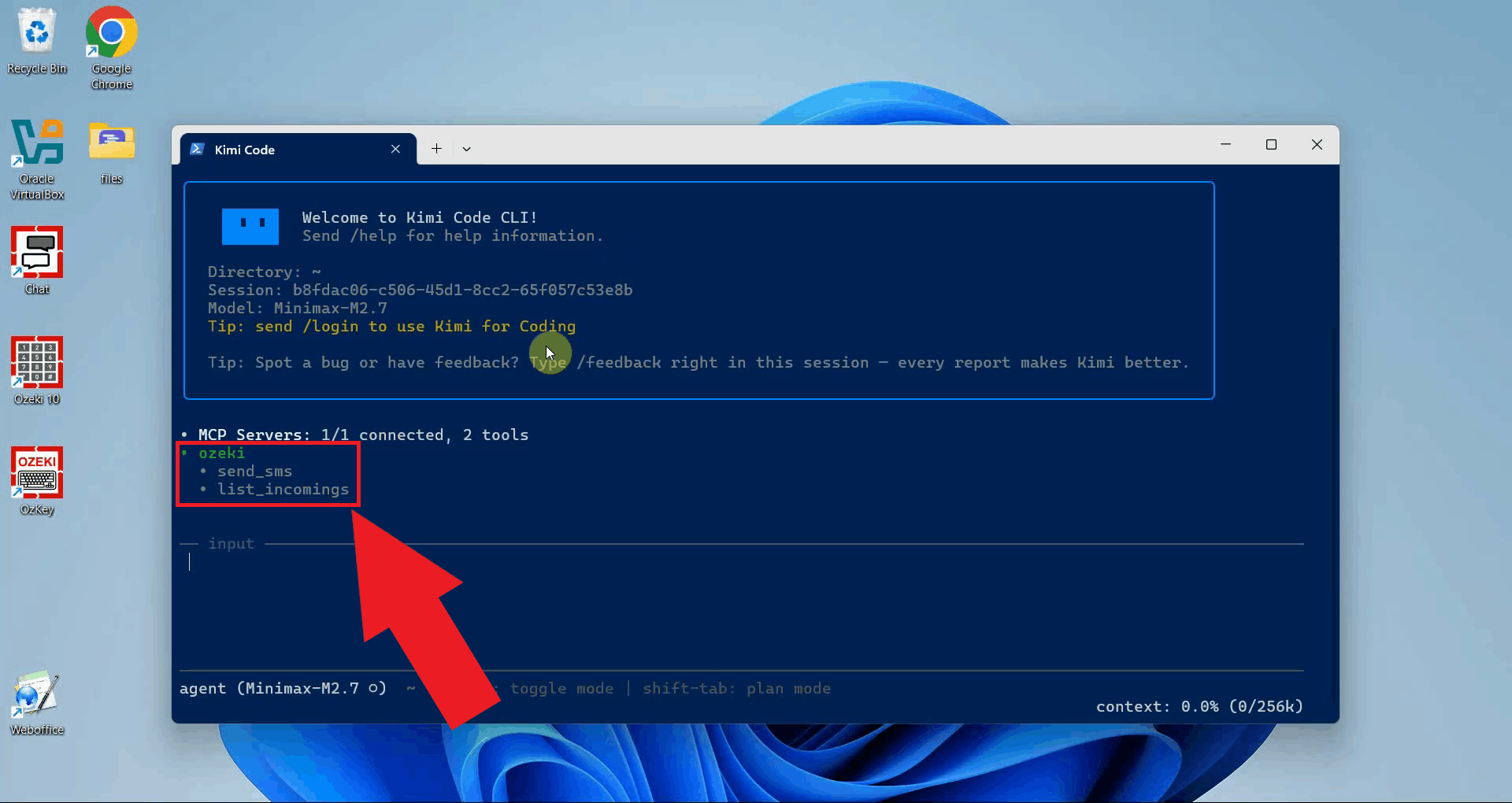 Verify SMS MCP server connection in Kimi CLI