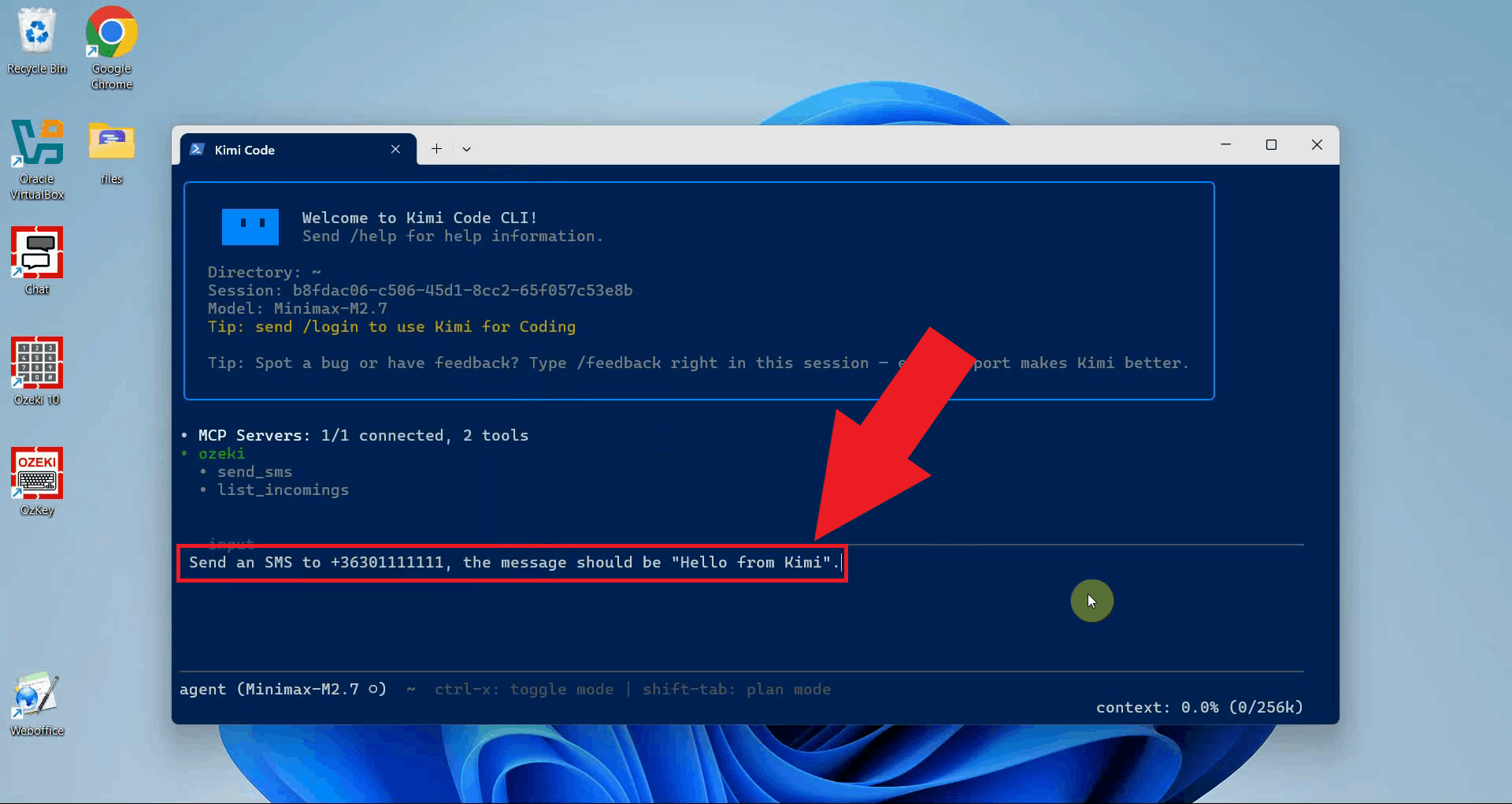 Instruct the AI agent to send an SMS in Kimi CLI