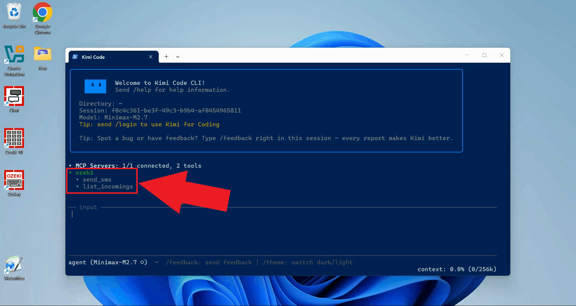 Verify SMS MCP server connection in Kimi CLI