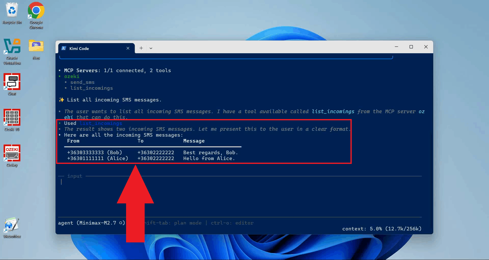 List incoming messages tool result in Kimi CLI