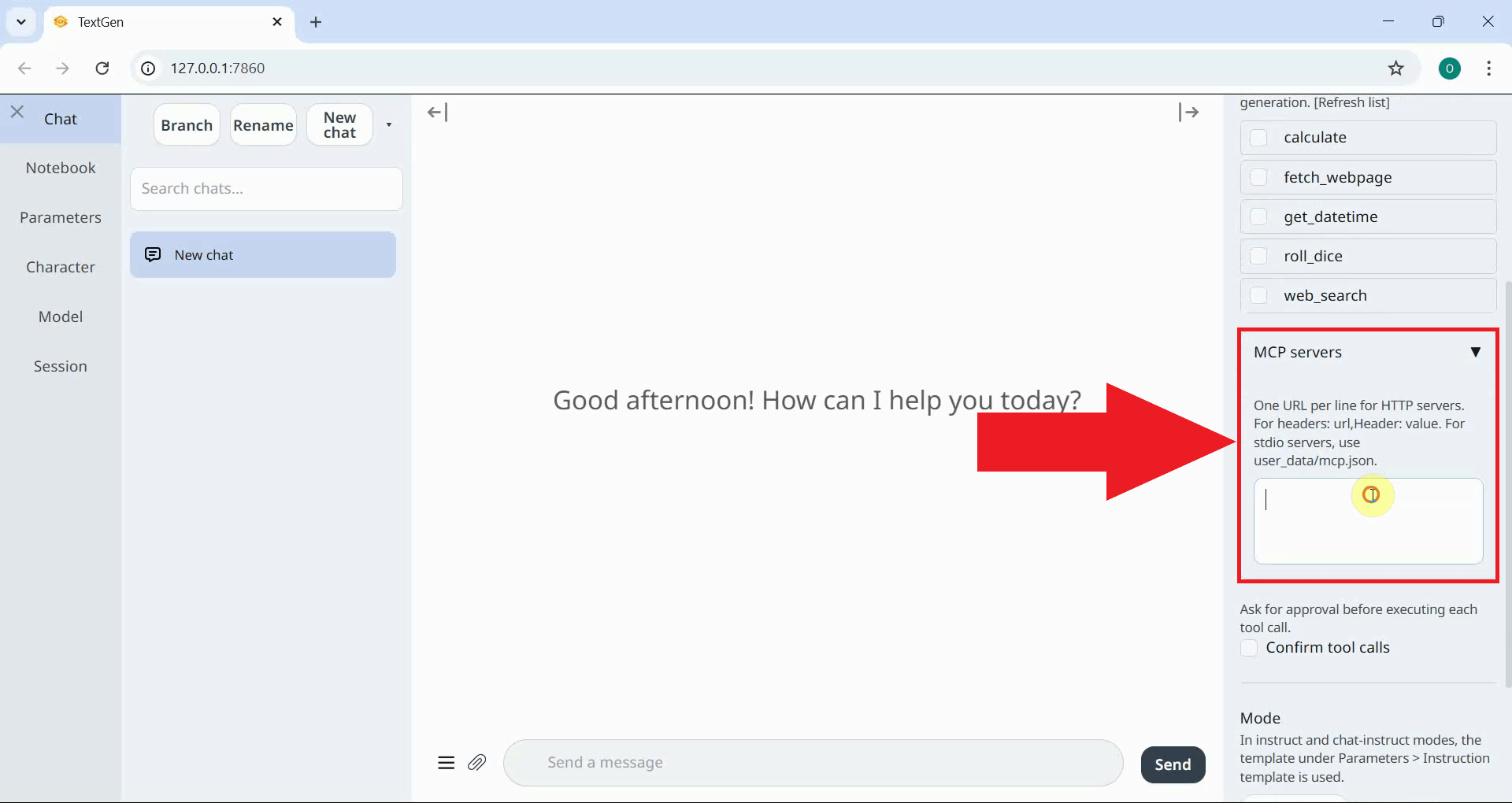 Open sidebar and locate MCP Servers field
