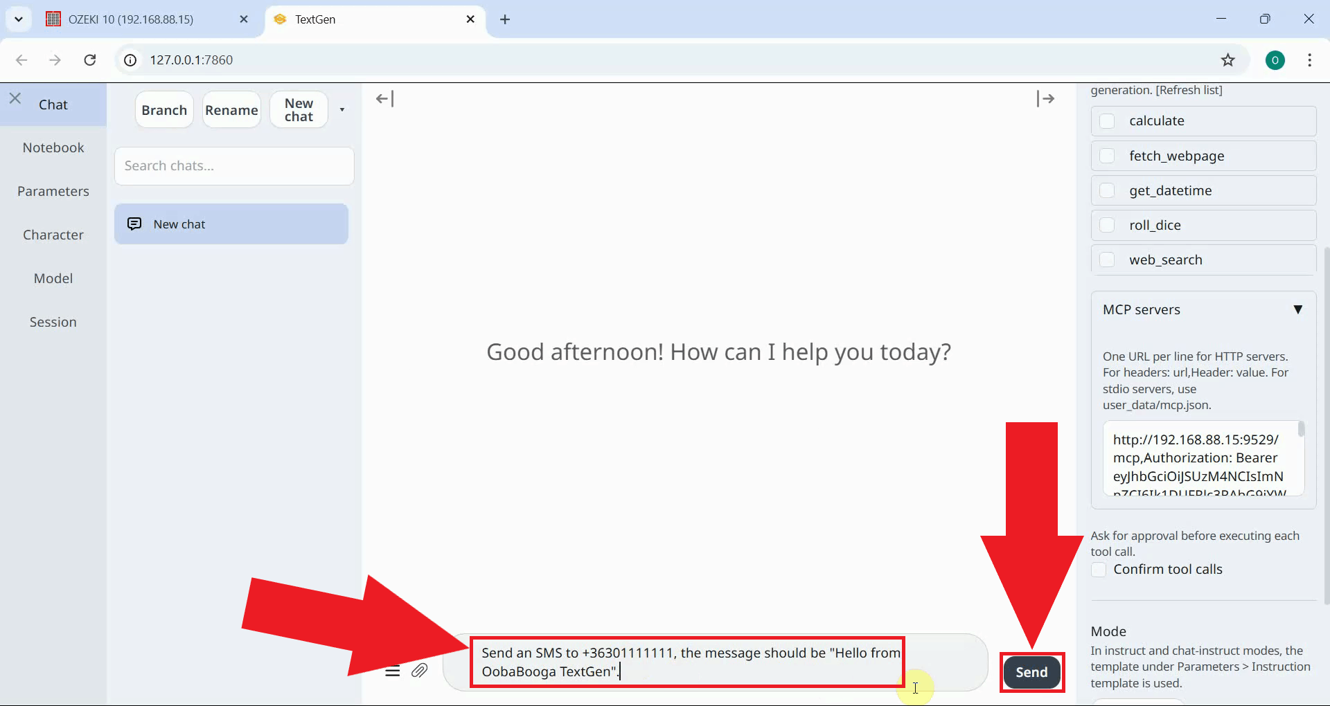 Ask LLM to send an SMS message