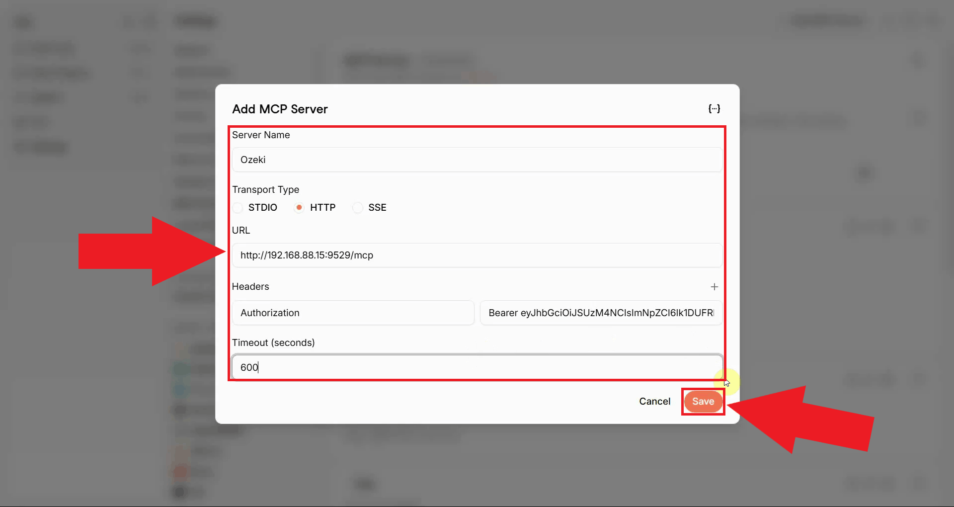 Enter SMS MCP server configuration and save