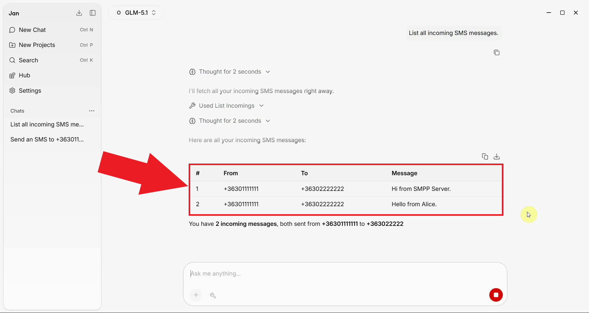 List incoming messages tool result