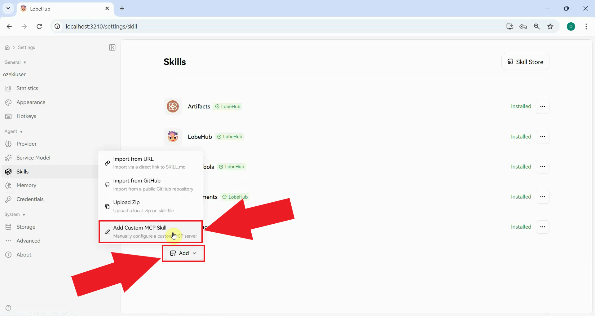 Add custom MCP skill in LobeHub