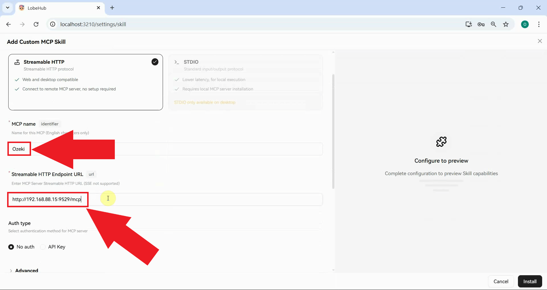 Enter Ozeki MCP name and server URL in LobeHub