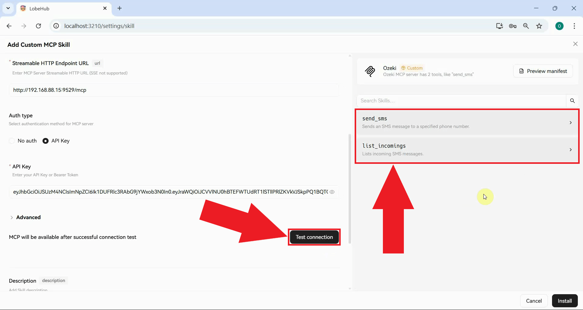Test connection to view tools in LobeHub