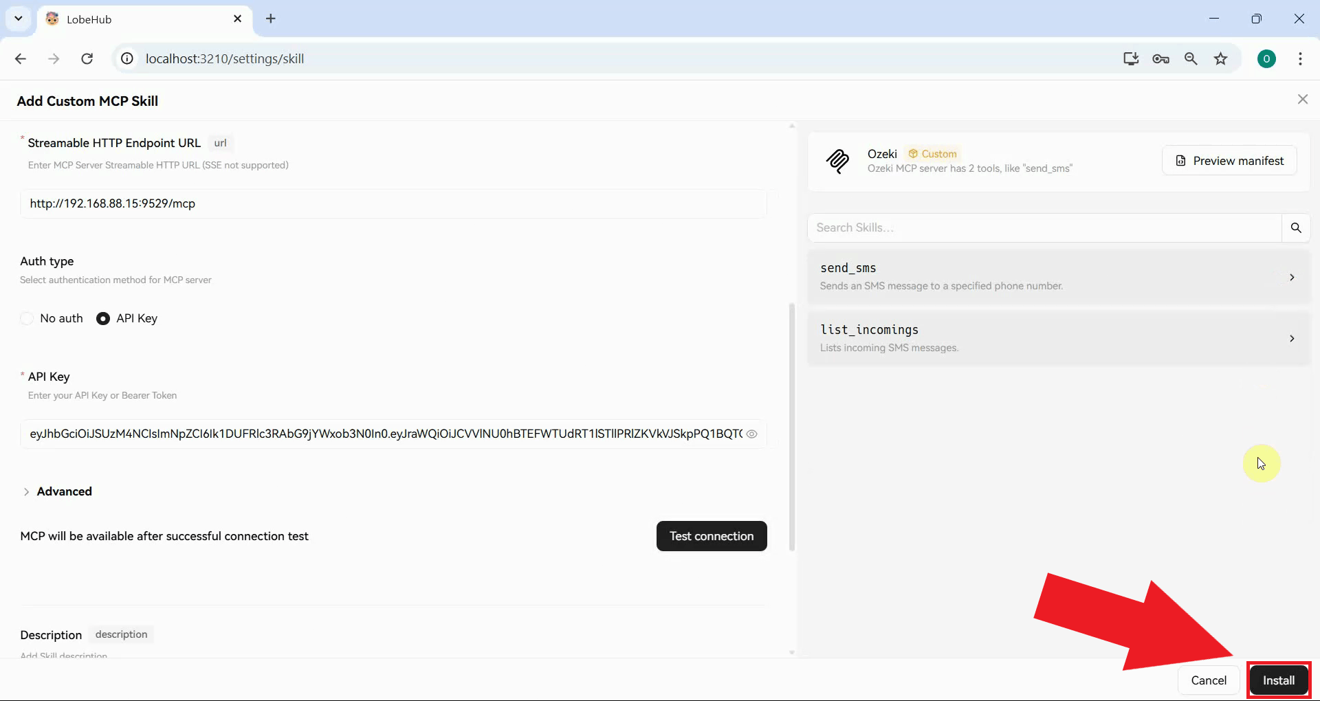 Press Install to add MCP skill in LobeHub