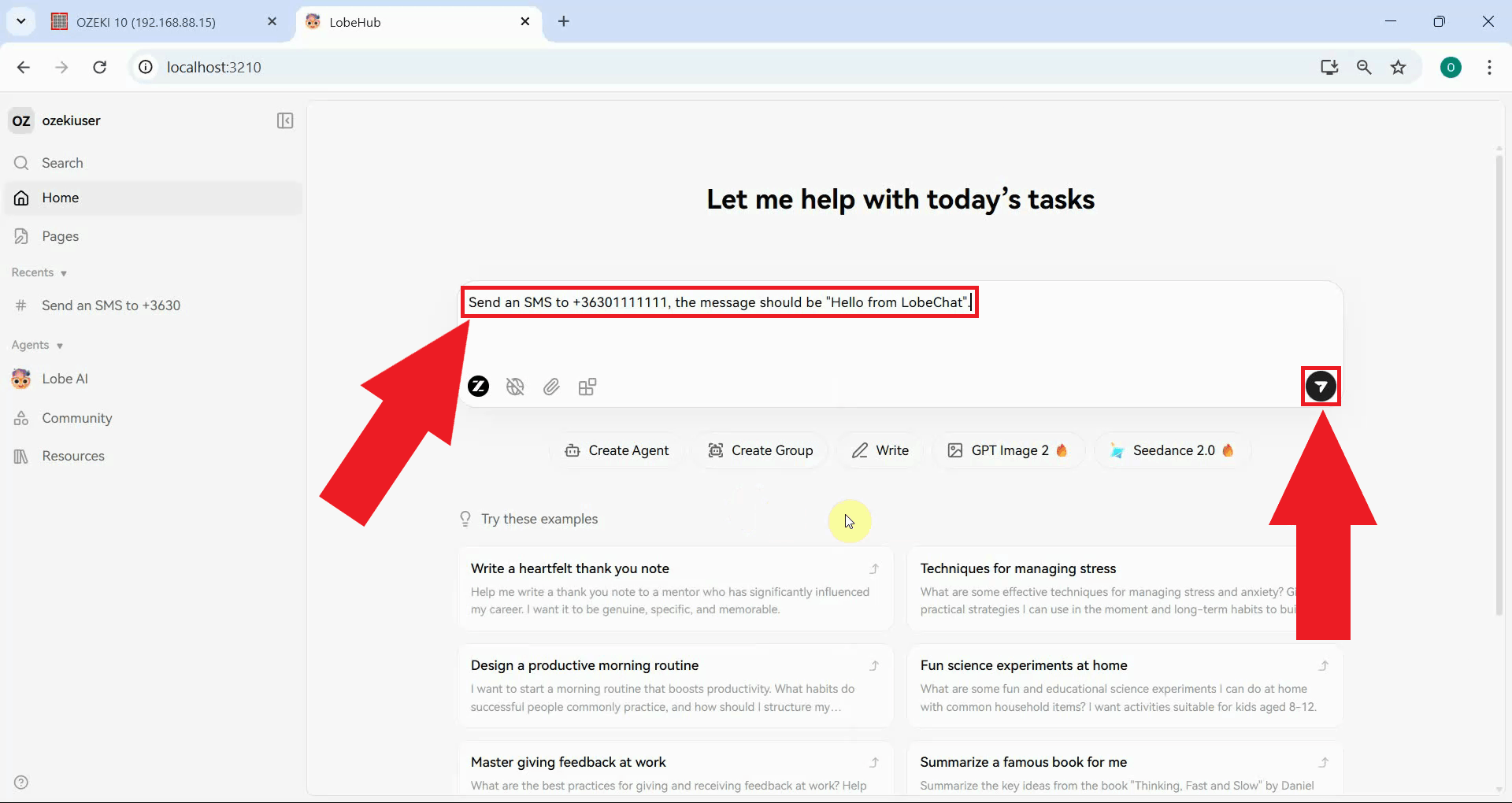 Ask AI agent to send an SMS in LobeHub