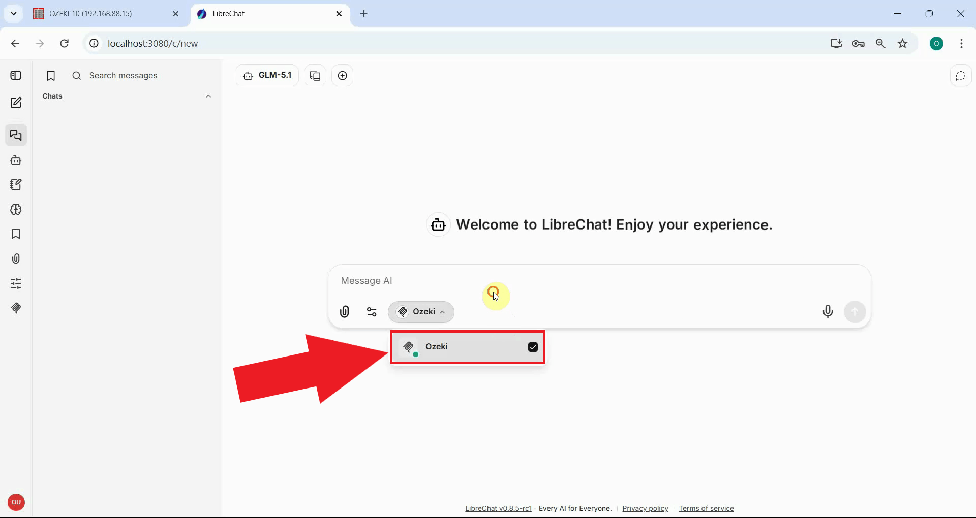 Verify Ozeki SMS MCP connection in LibreChat