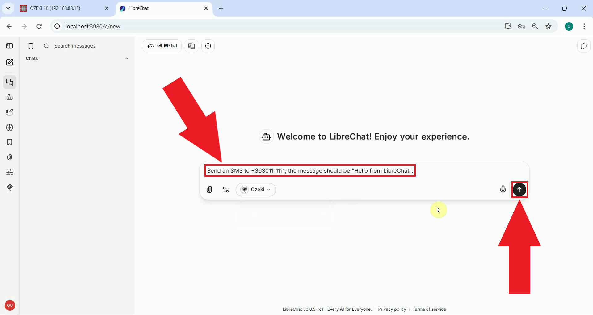 Ask AI model to send an SMS in LibreChat