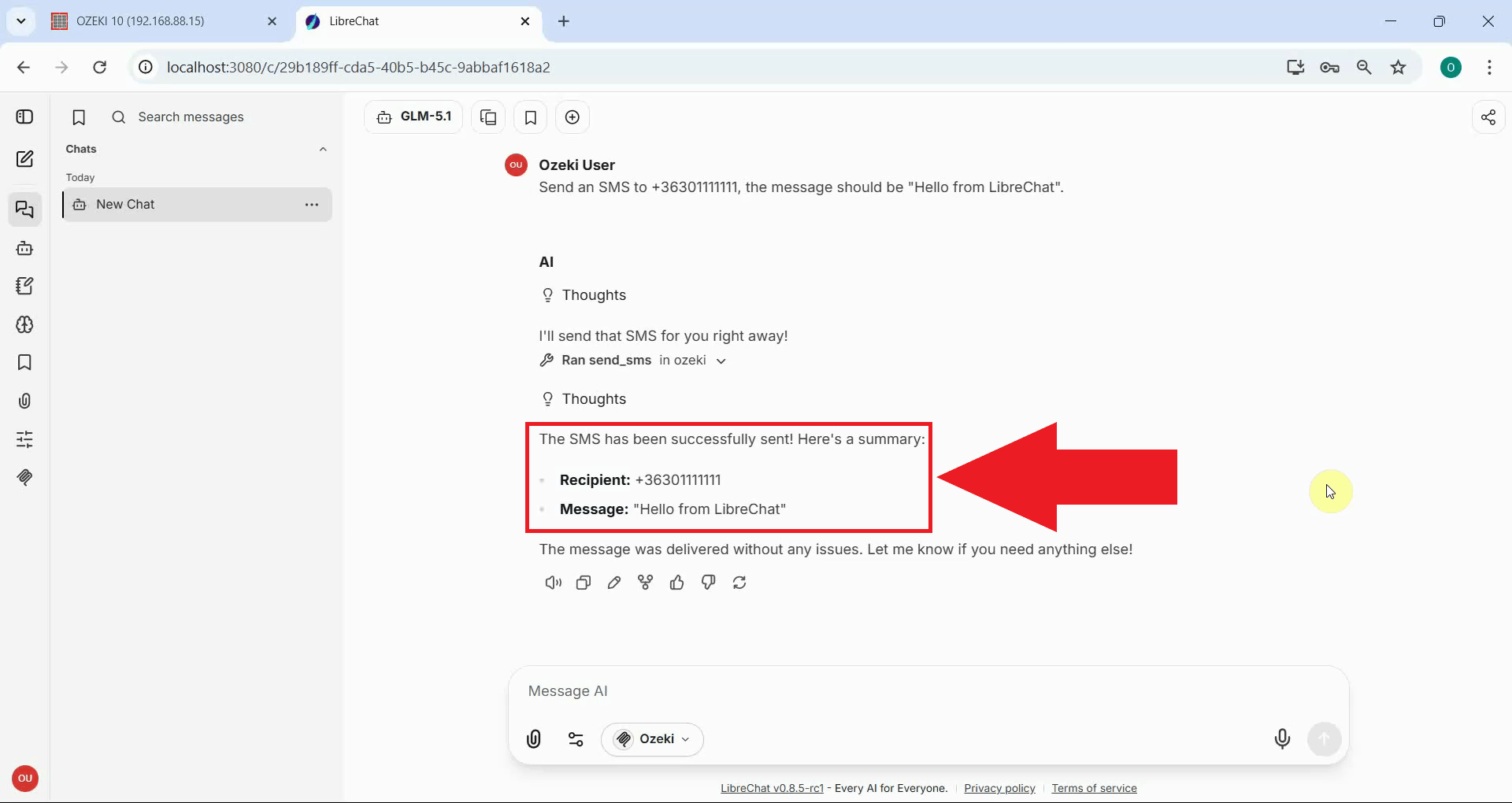 Send SMS tool result in LibreChat