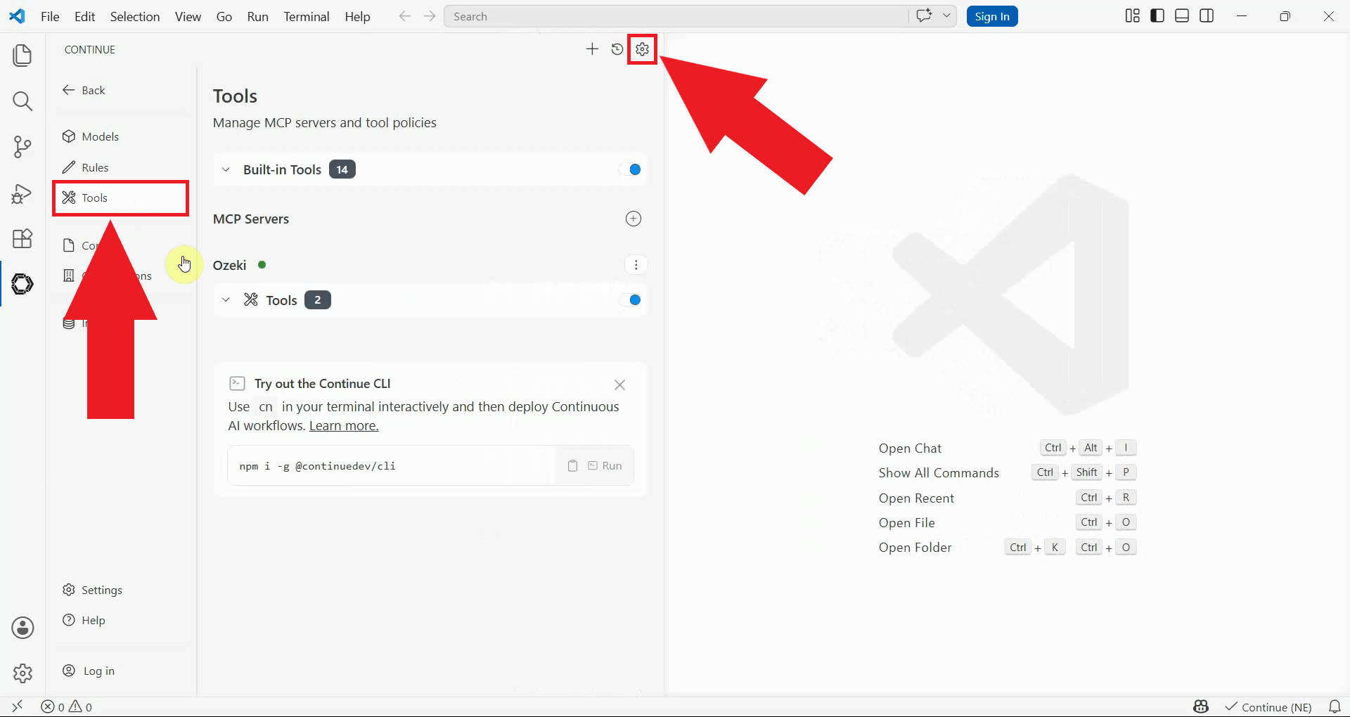 Navigate to Settings then Tools in Continue