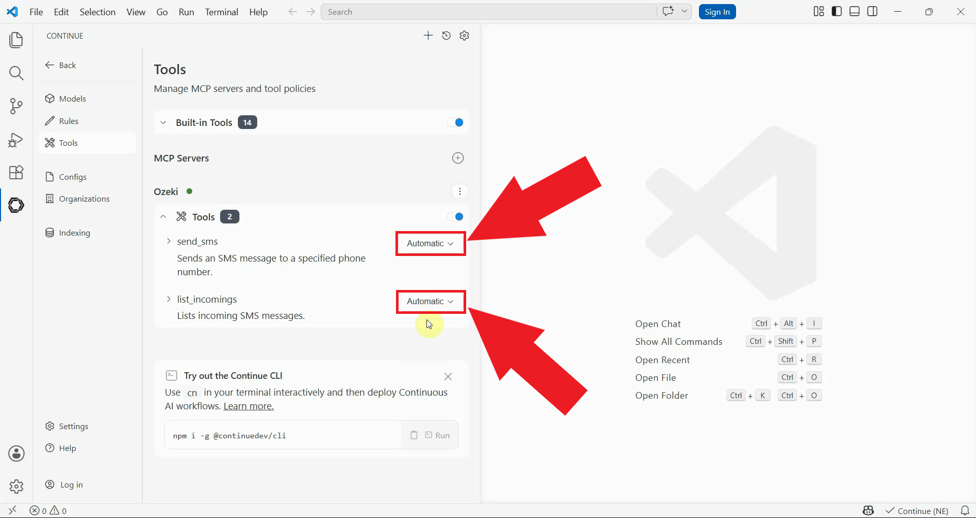 Change tools from Ask first to Automatic use