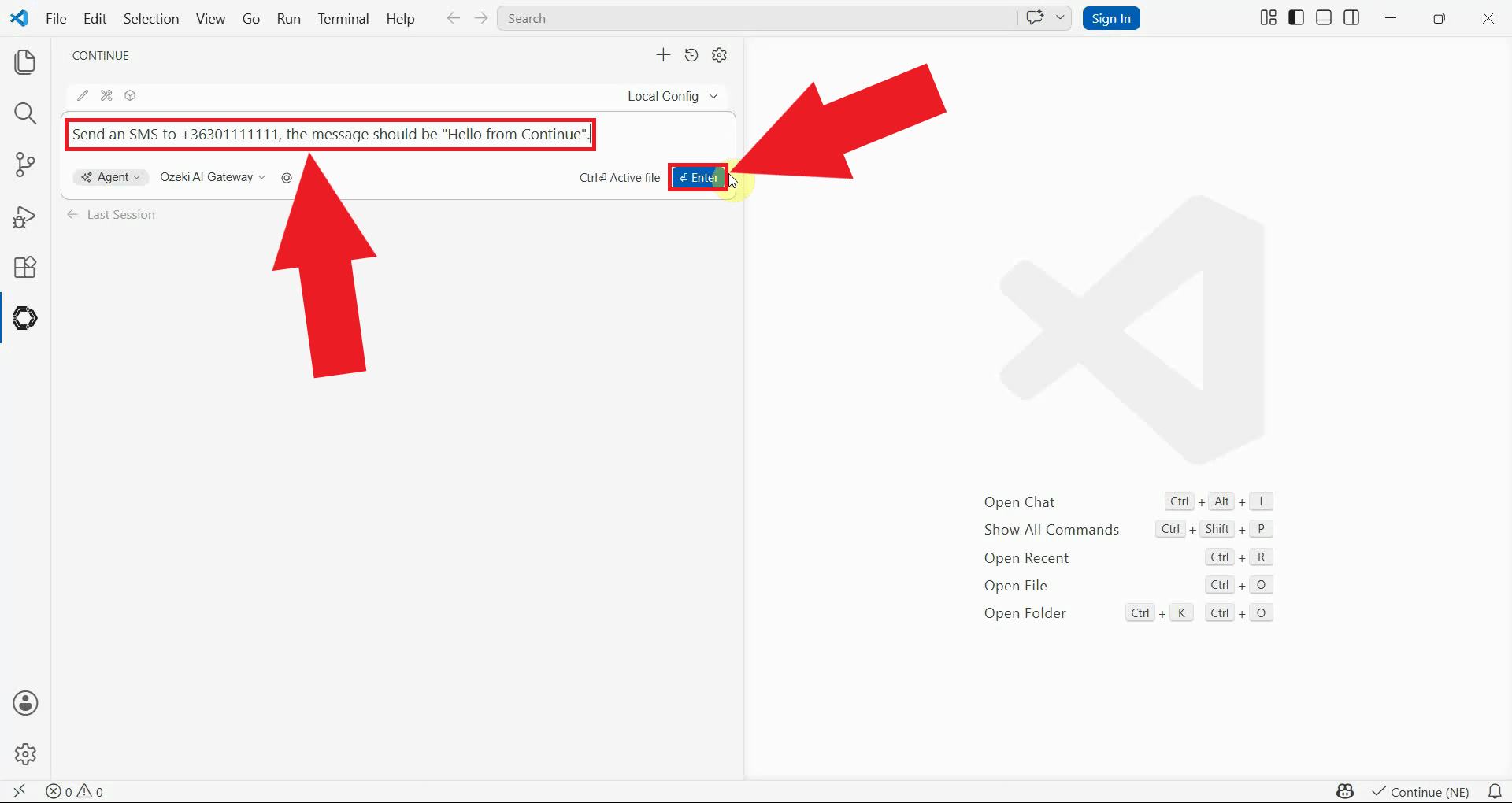 Instruct the Continue agent to send an SMS
