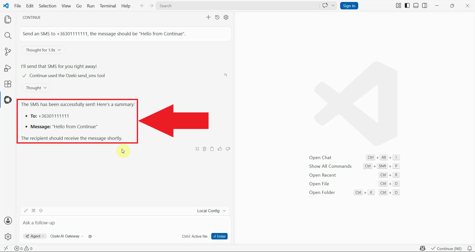 Send SMS tool result in Continue