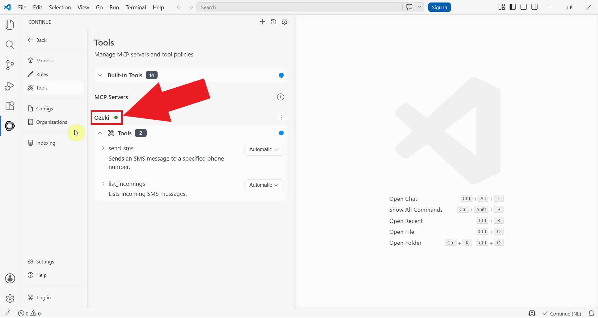 Verify Ozeki SMS MCP connected in Continue tools