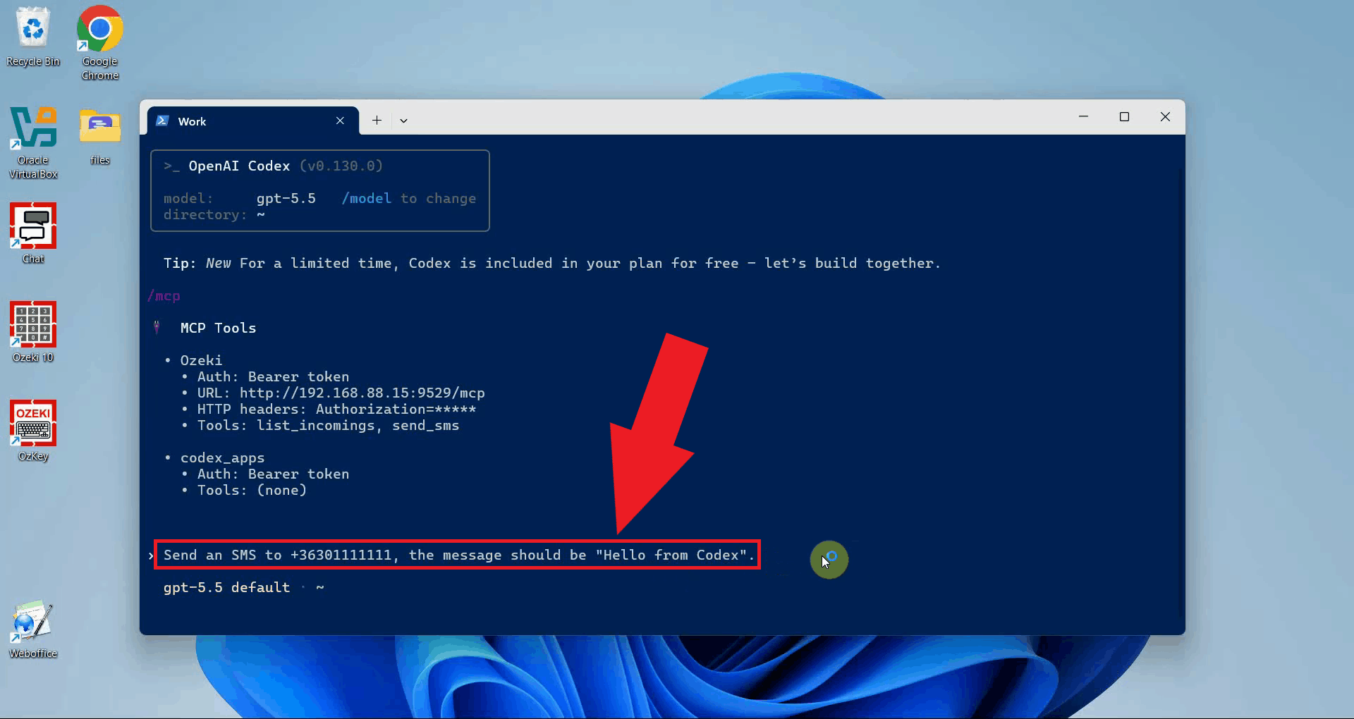 Instruct the AI agent to send an SMS in Codex