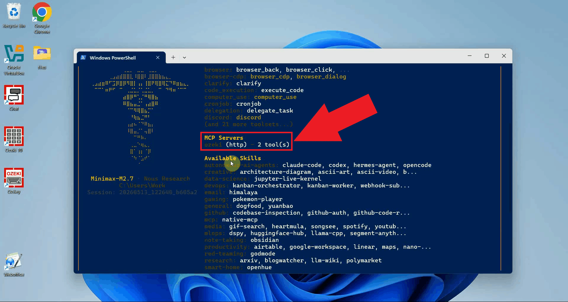 View and verify SMS MCP connection in Hermes Agent