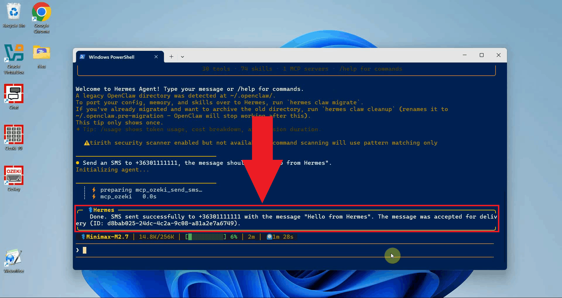 Send SMS tool result in Hermes Agent