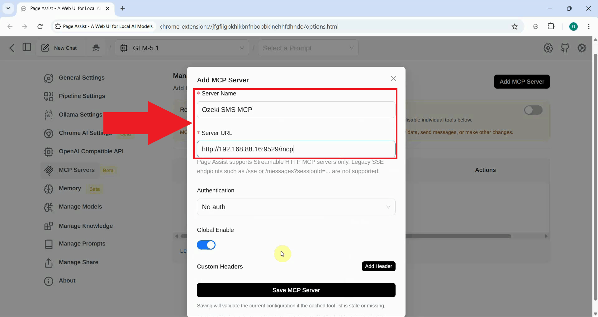 Enter Ozeki SMPP SMS MCP server name and URL