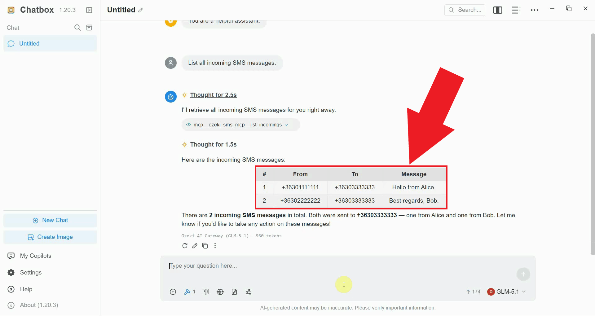 List incoming messages tool result in Chatbox