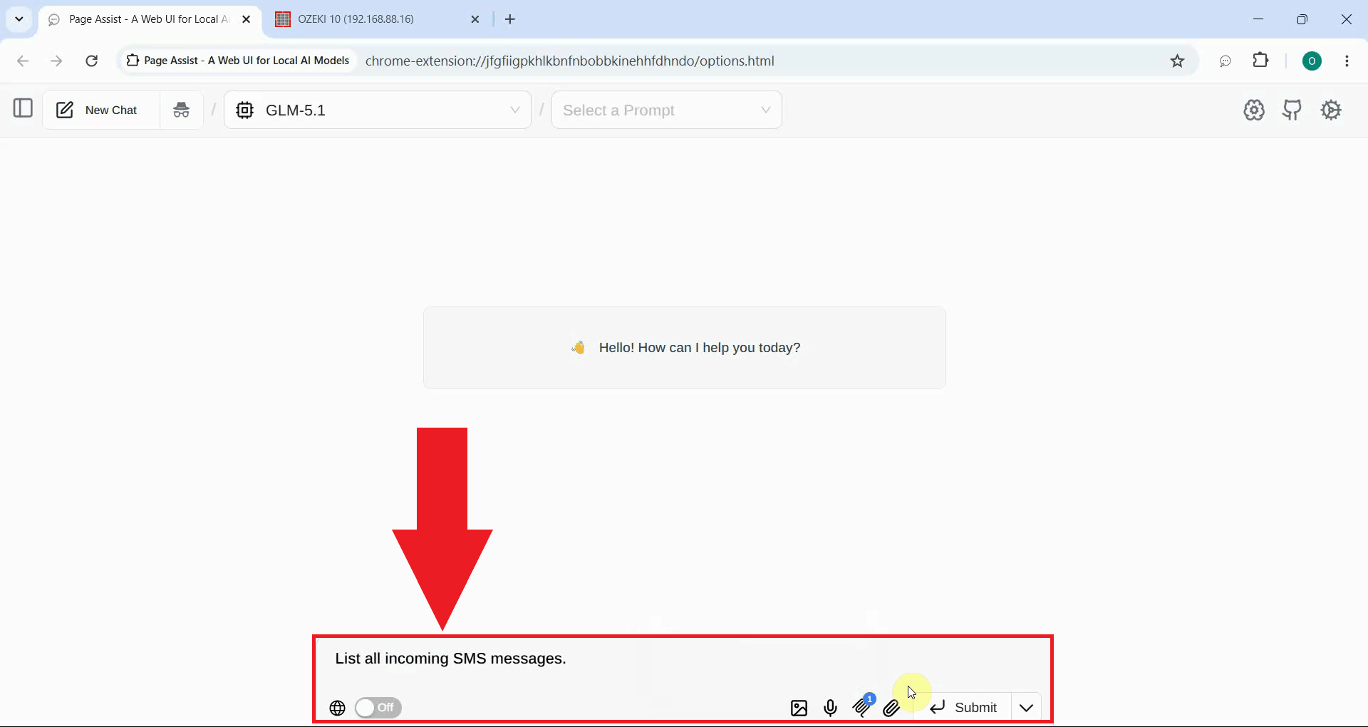 Instruct the assistant to list incoming messages in Page Assist