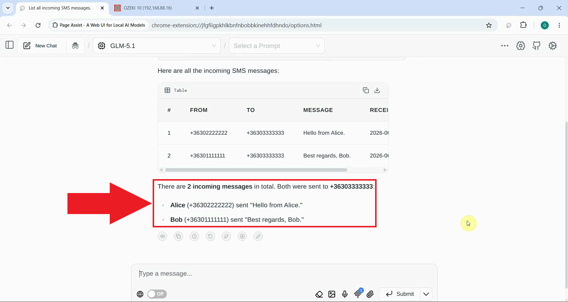 List incoming messages tool result in Page Assist