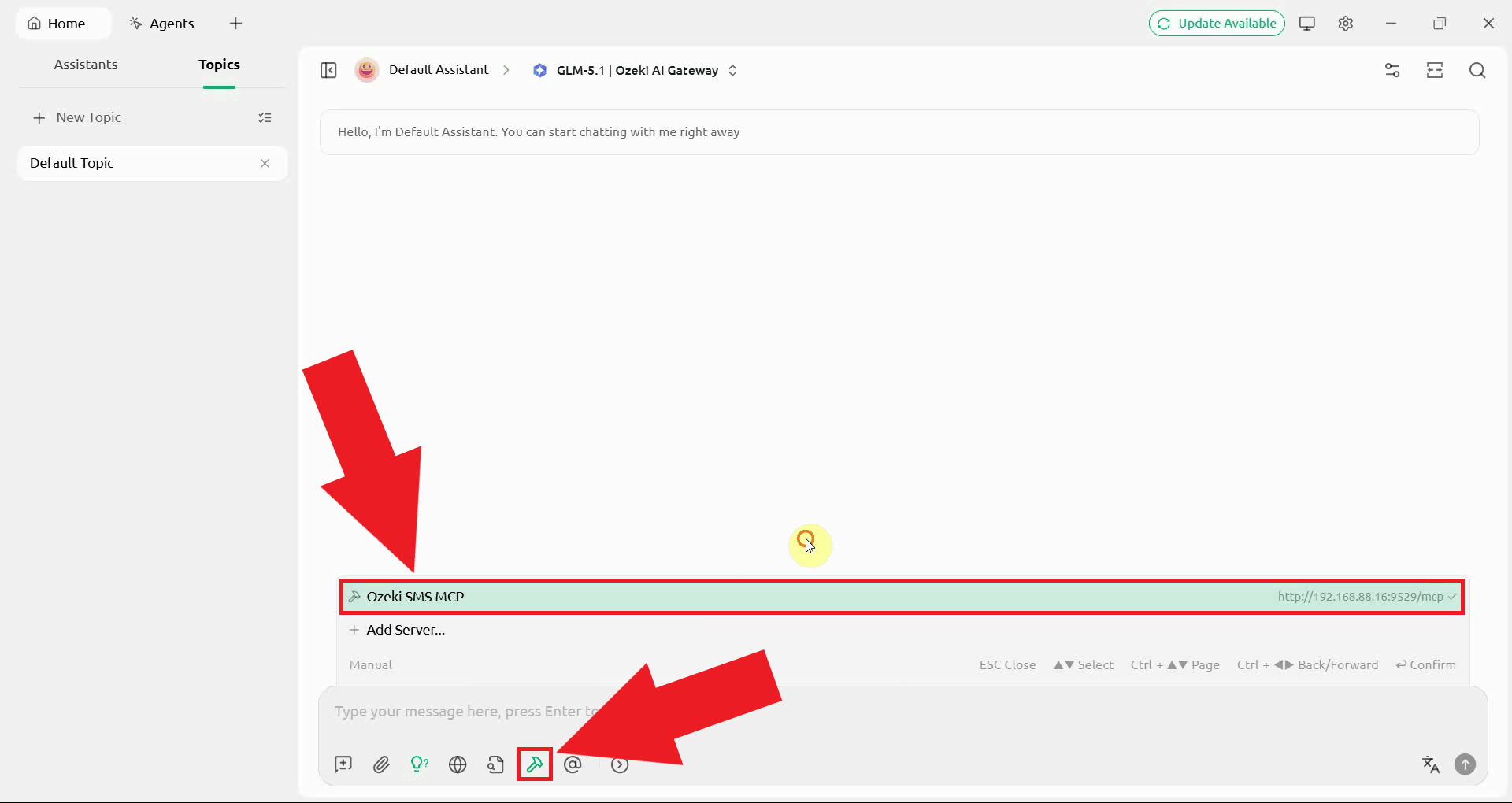 Start a new chat and enable Ozeki MCP server in Cherry Studio
