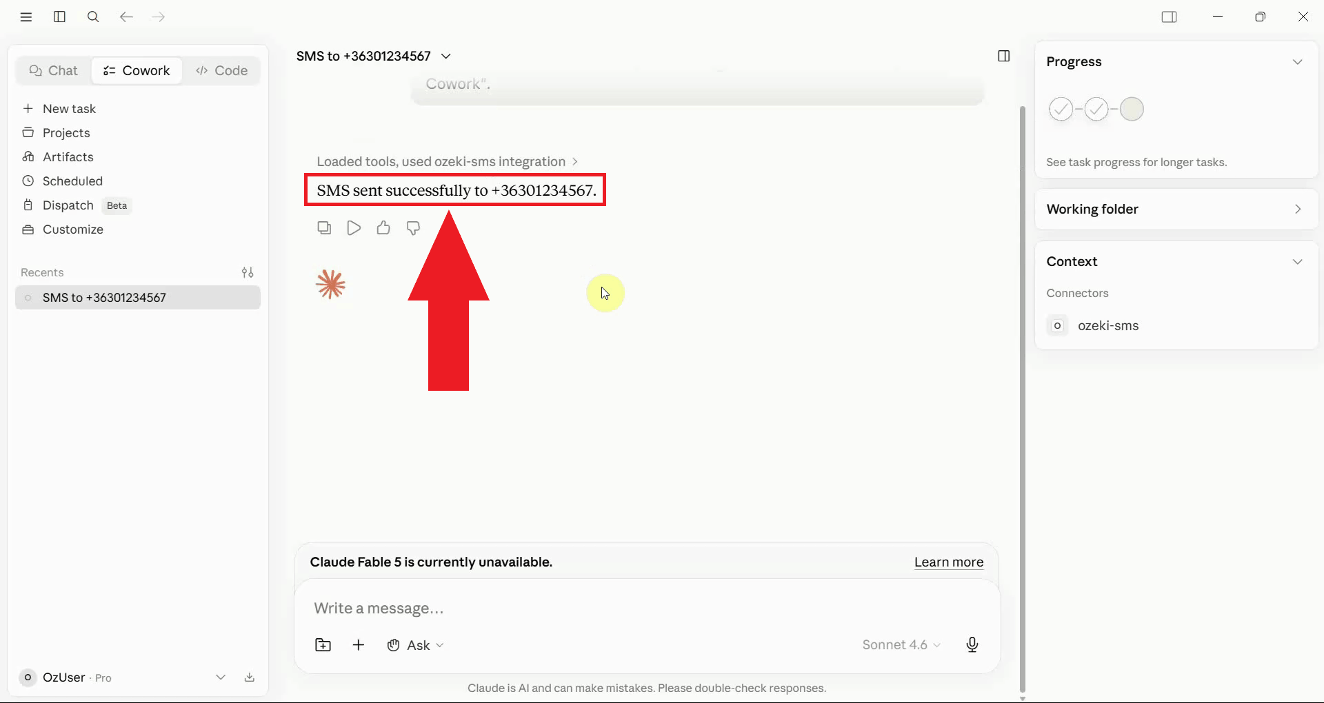 Send SMS tool result