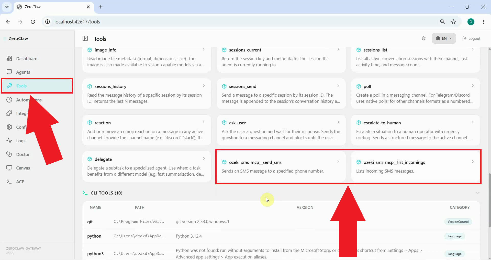 Navigate to Tools to view SMS MCP tools