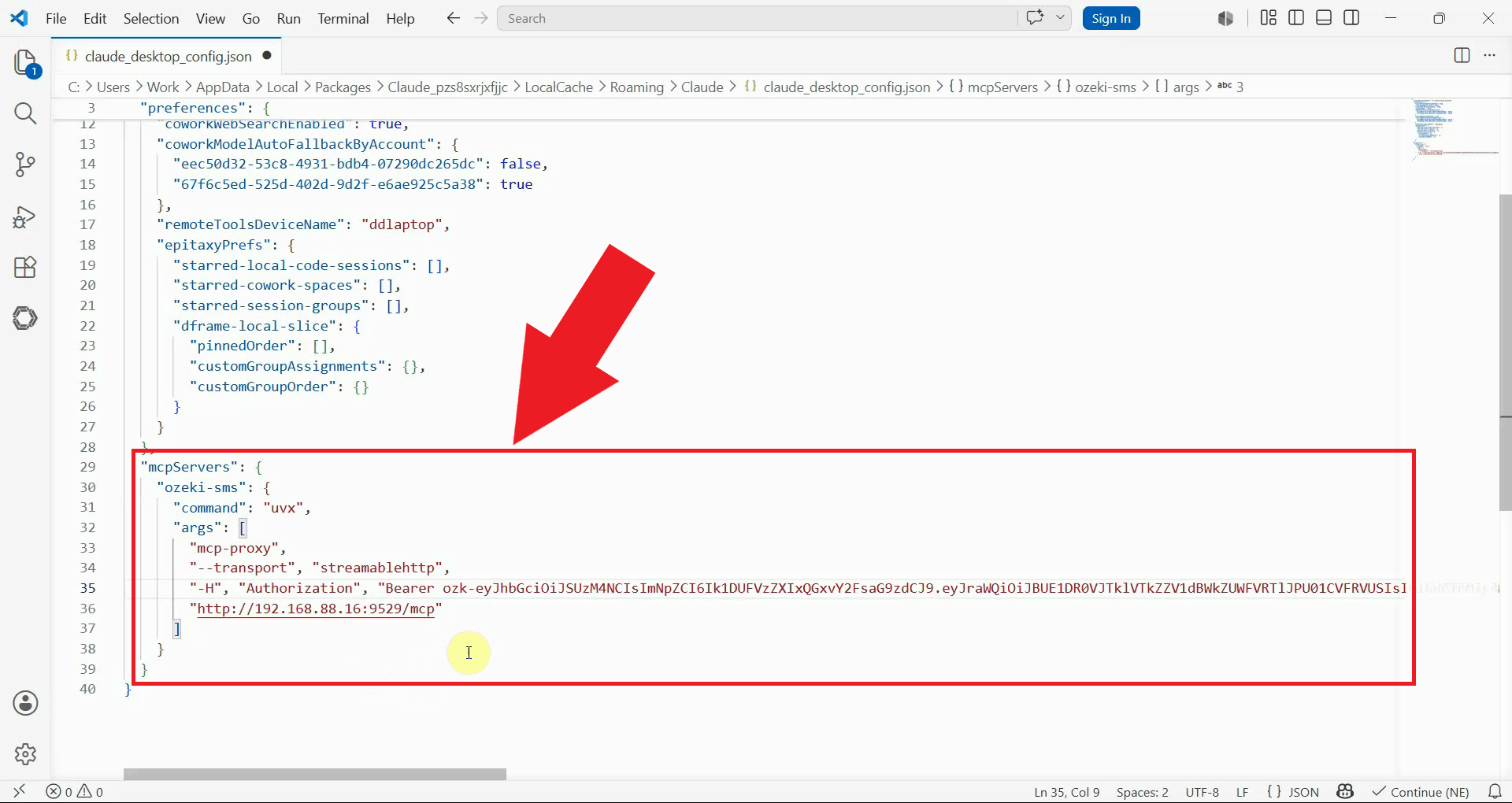 Add Ozeki SMS MCP server to config