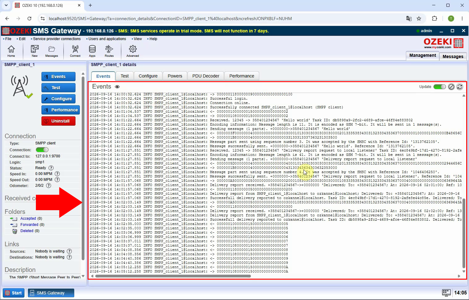 SMS Gateway SMPP log