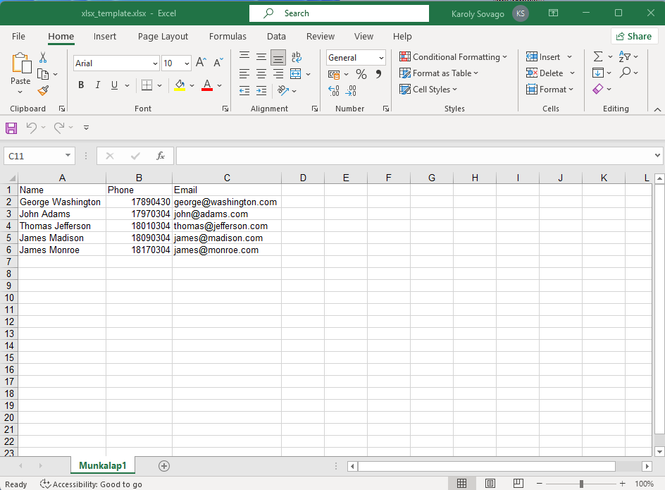 XLSX address book example